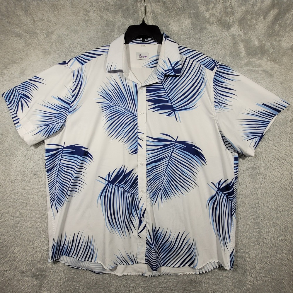 EUOW Button Up Shirt Mes XXXL White Blue Palm Leaf Print Short Sleeve Hawaiian *